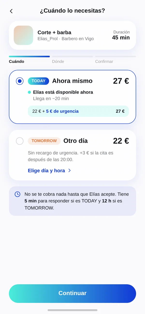 Pantalla para elegir cuándo lo necesitas